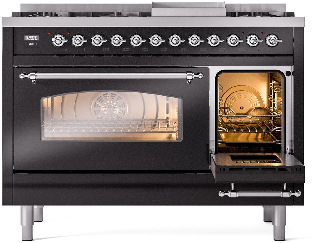 ILVE Nostalgie II 48-Inch Dual Fuel Freestanding Range in Glossy Black with Chrome Trim (UP48FNMPBKC)