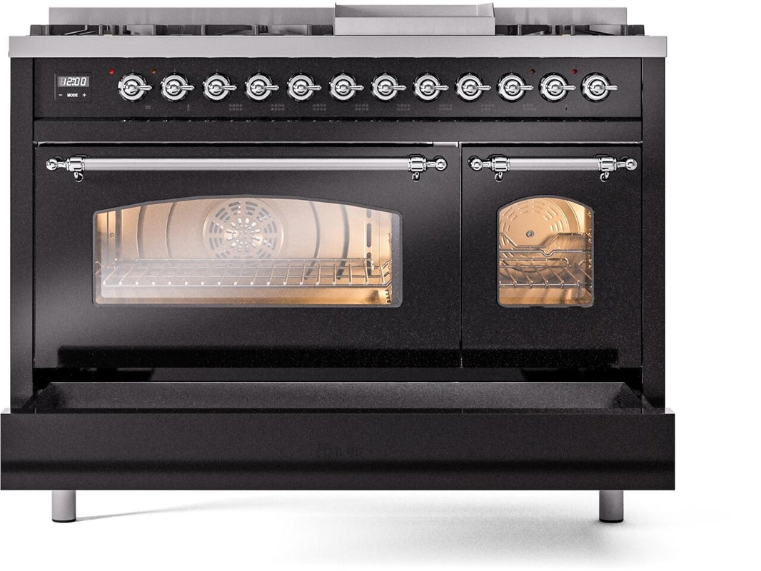 ILVE Nostalgie II 48-Inch Dual Fuel Freestanding Range in Glossy Black with Chrome Trim (UP48FNMPBKC)