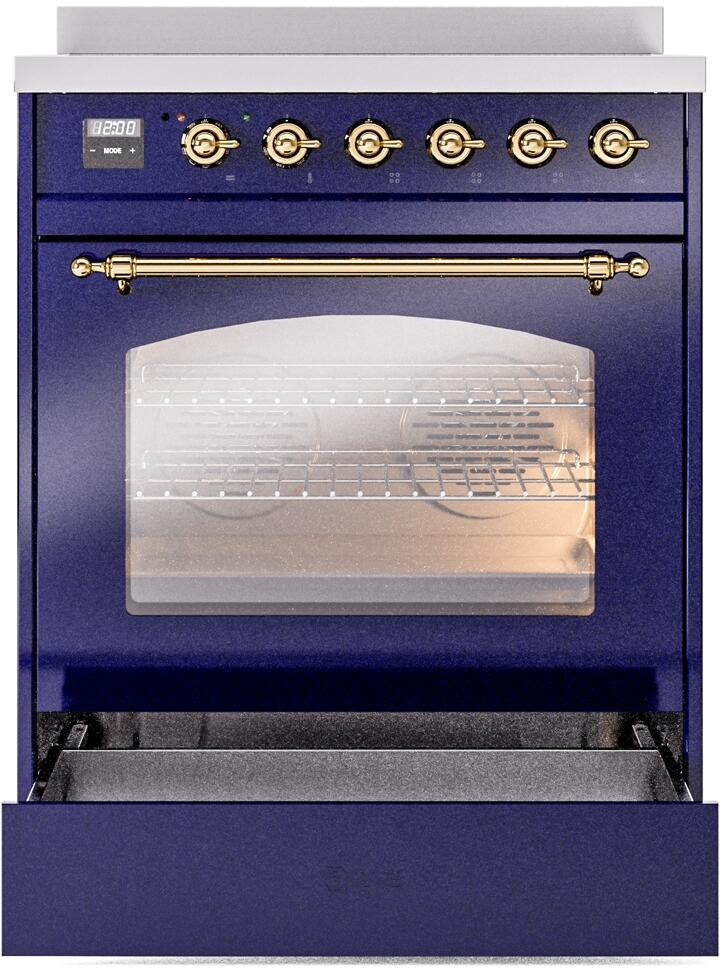 ILVE Nostalgie II 30-Inch Freestanding Electric Induction Range in Midnight Blue with Brass Trim (UPI304NMPMBG)