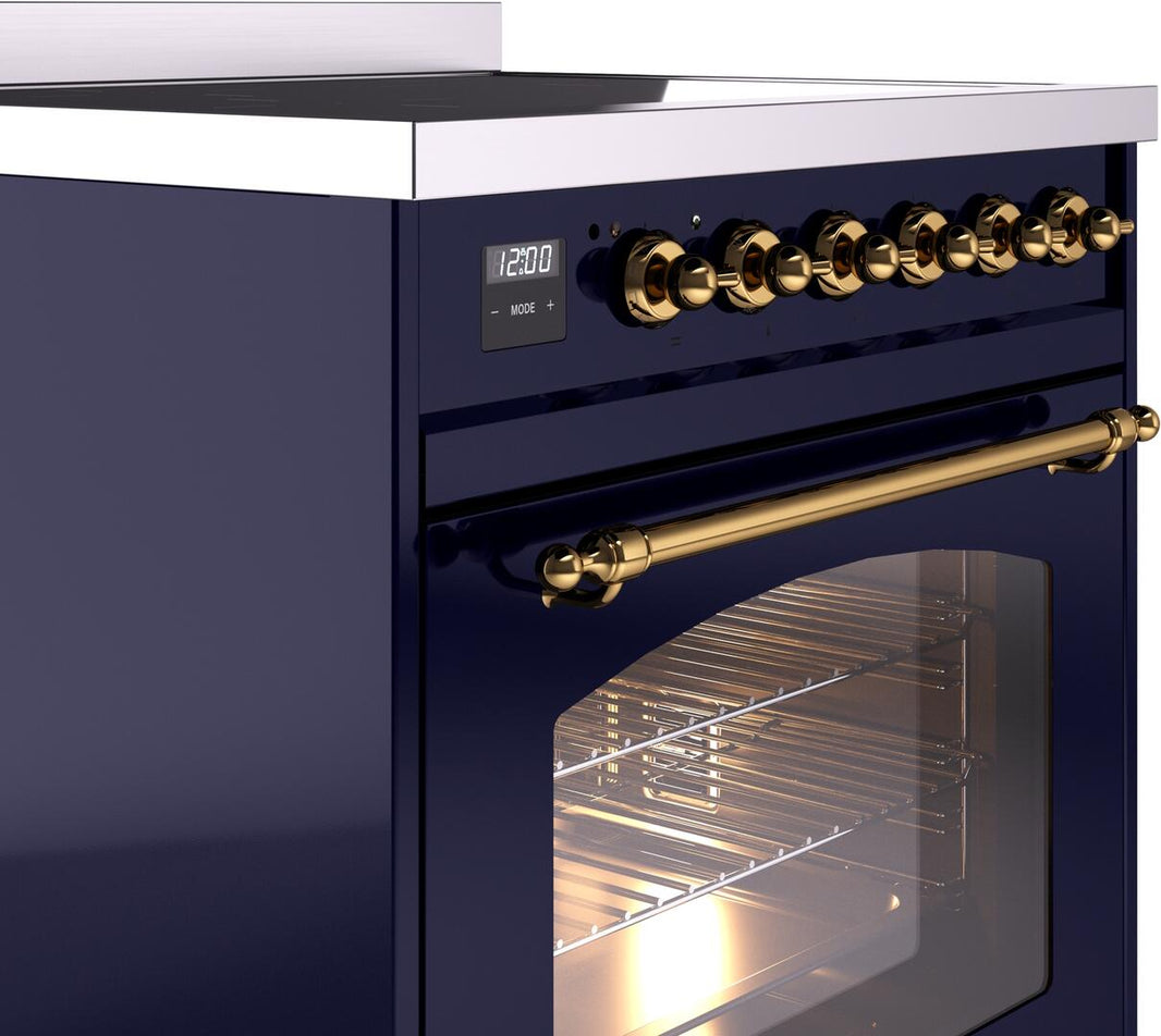 ILVE Nostalgie II 30-Inch Freestanding Electric Induction Range in Midnight Blue with Brass Trim (UPI304NMPMBG)