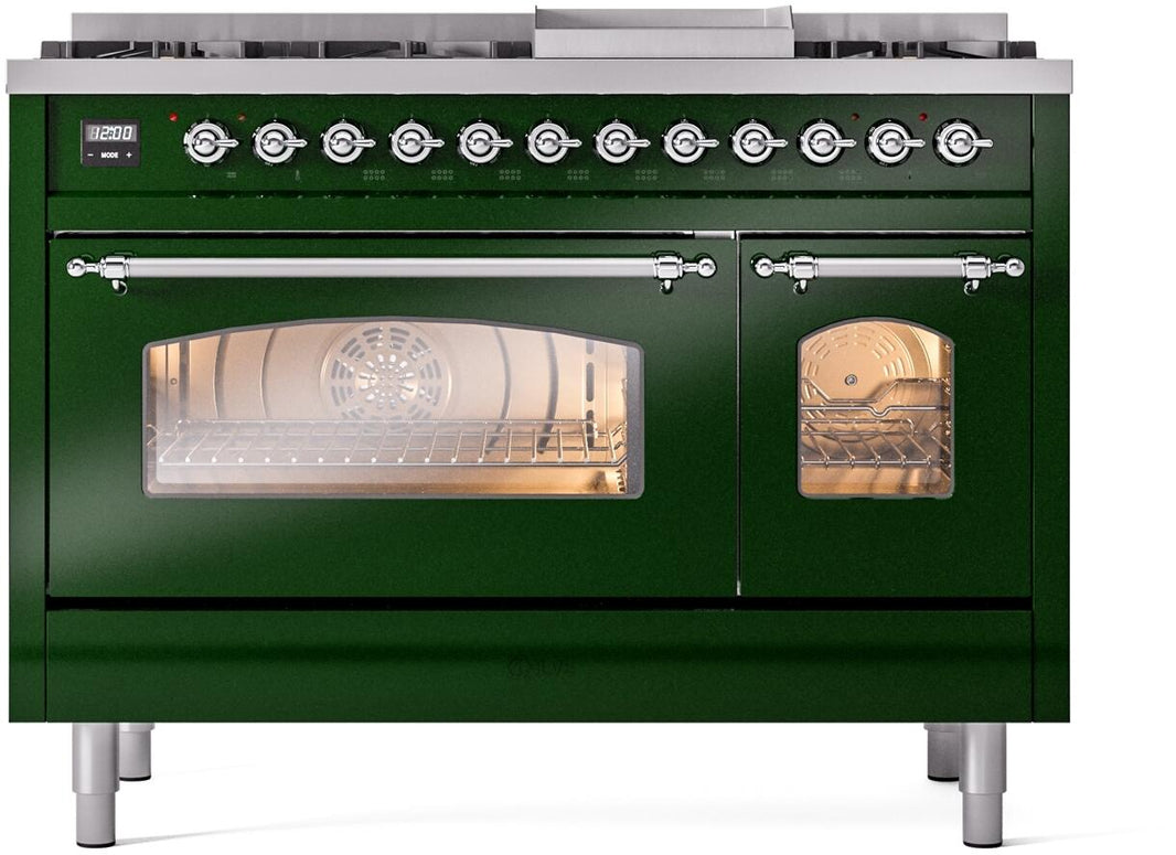 ILVE Nostalgie II 48-Inch Dual Fuel Freestanding Range in Emerald Green with Chrome Trim (UP48FNMPEGC)