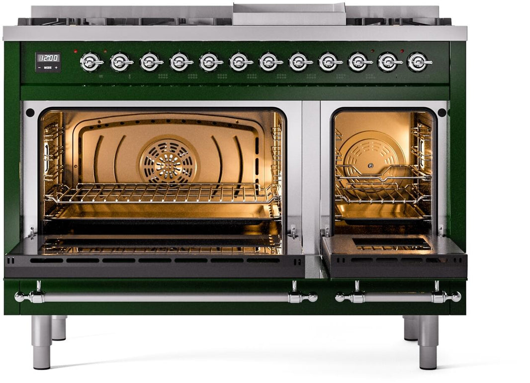 ILVE Nostalgie II 48-Inch Dual Fuel Freestanding Range in Emerald Green with Chrome Trim (UP48FNMPEGC)