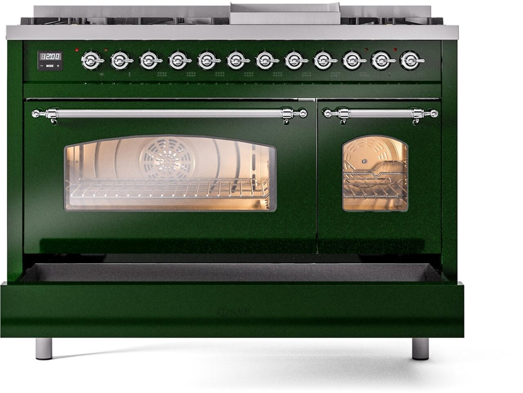 ILVE Nostalgie II 48-Inch Dual Fuel Freestanding Range in Emerald Green with Chrome Trim (UP48FNMPEGC)