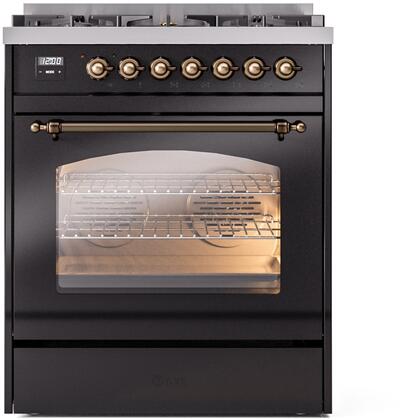 ILVE Nostalgie II 30-Inch Dual Fuel Freestanding Range in Glossy Black with Bronze Trim (UP30NMPBKB)