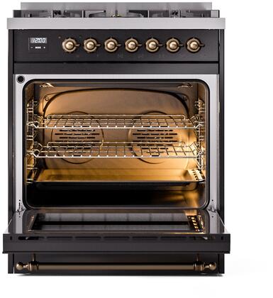 ILVE Nostalgie II 30-Inch Dual Fuel Freestanding Range in Glossy Black with Bronze Trim (UP30NMPBKB)