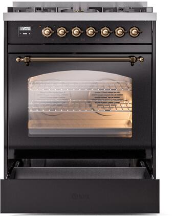 ILVE Nostalgie II 30-Inch Dual Fuel Freestanding Range in Glossy Black with Bronze Trim (UP30NMPBKB)