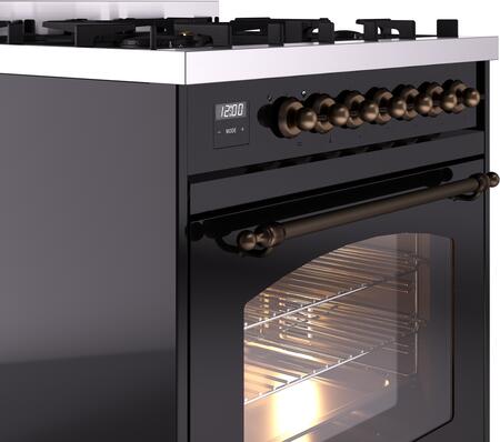 ILVE Nostalgie II 30-Inch Dual Fuel Freestanding Range in Glossy Black with Bronze Trim (UP30NMPBKB)