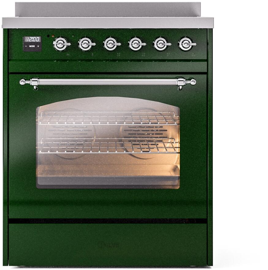 ILVE Nostalgie II 30-Inch Freestanding Electric Induction Range in Emerald Green with Chrome Trim (UPI304NMPEGC)