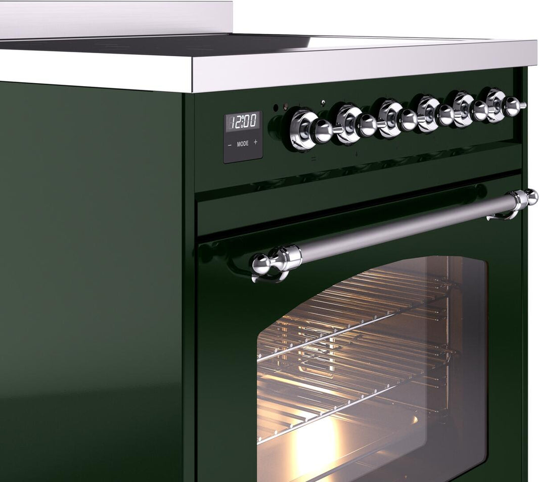 ILVE Nostalgie II 30-Inch Freestanding Electric Induction Range in Emerald Green with Chrome Trim (UPI304NMPEGC)