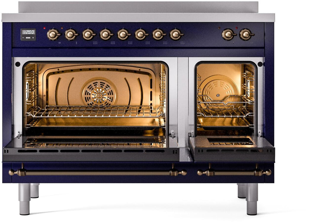 ILVE Nostalgie II 48-Inch Freestanding Electric Induction Range in Midnight Blue with Bronze Trim (UPI486NMPMBB)