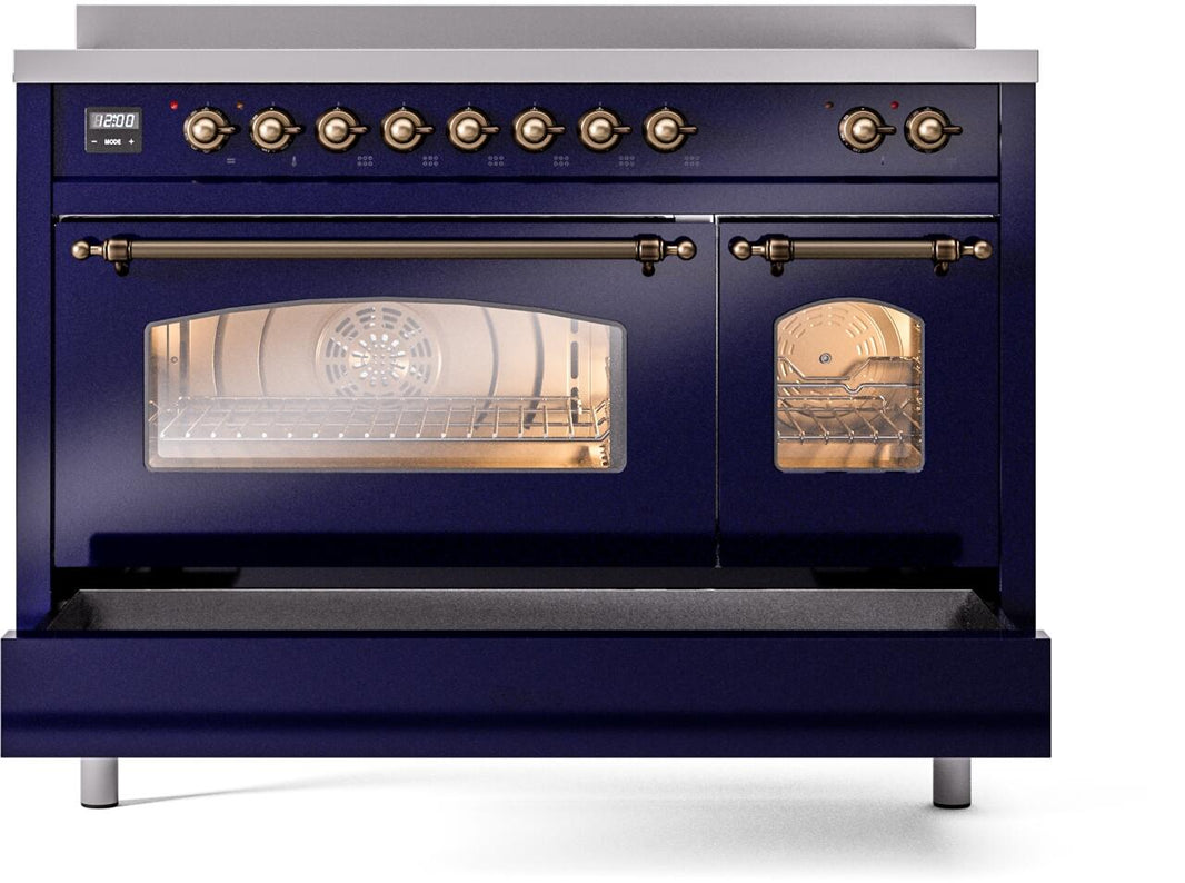 ILVE Nostalgie II 48-Inch Freestanding Electric Induction Range in Midnight Blue with Bronze Trim (UPI486NMPMBB)