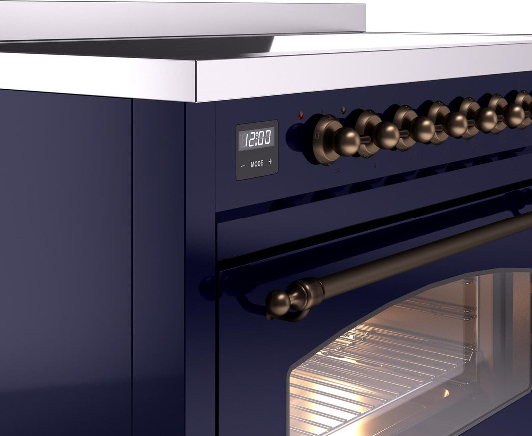 ILVE Nostalgie II 48-Inch Freestanding Electric Induction Range in Midnight Blue with Bronze Trim (UPI486NMPMBB)