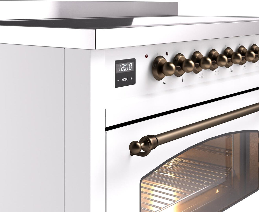 ILVE Nostalgie II 48-Inch Freestanding Electric Induction Range in White with Bronze Trim (UPI486NMPWHB)