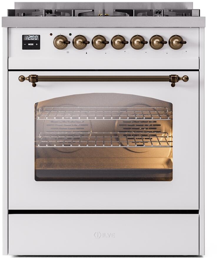 ILVE Nostalgie II 30-Inch Dual Fuel Freestanding Range in White with Bronze Trim (UP30NMPWHB)