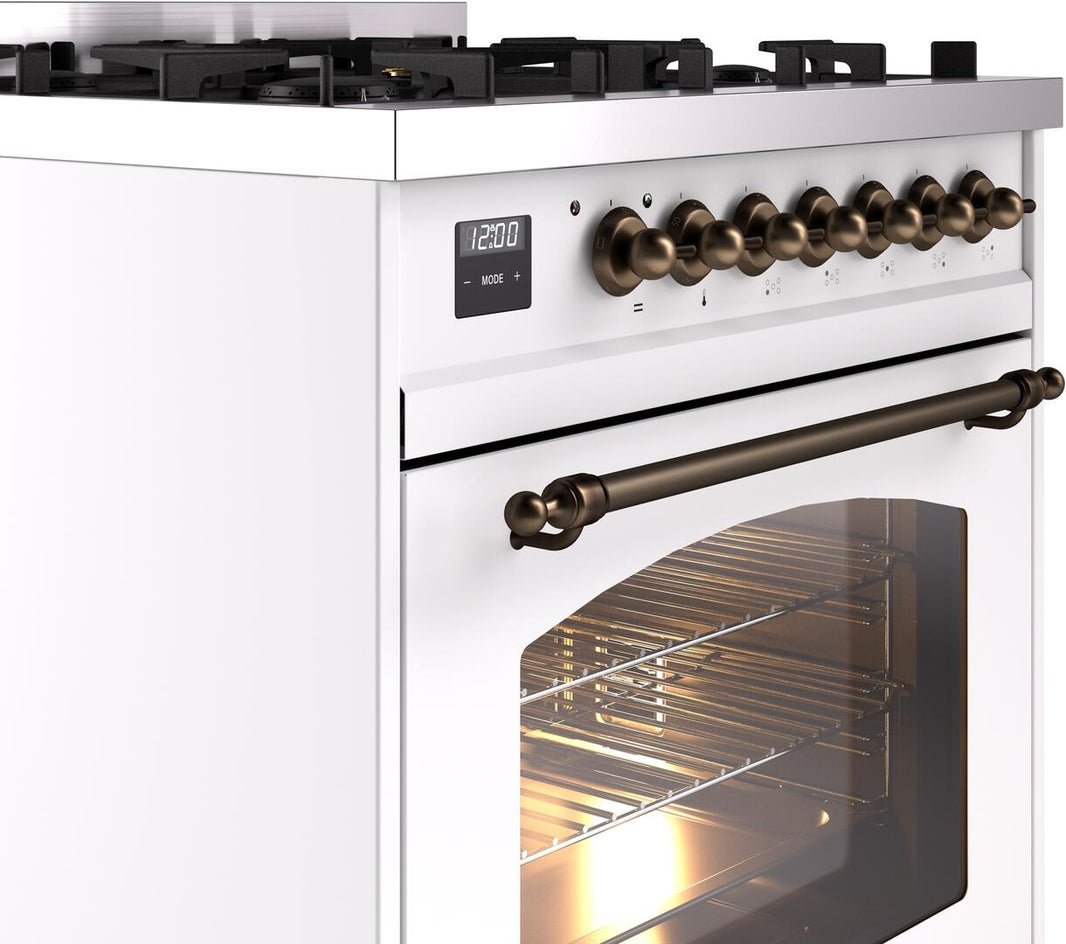 ILVE Nostalgie II 30-Inch Dual Fuel Freestanding Range in White with Bronze Trim (UP30NMPWHB)