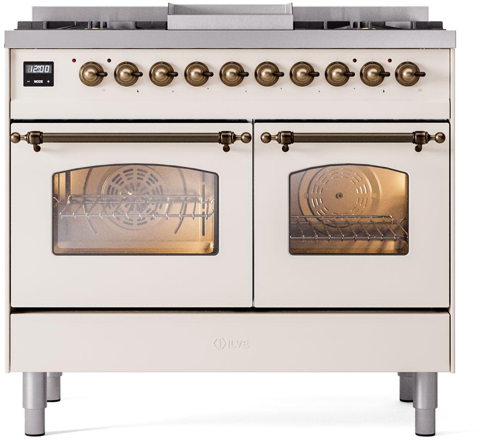 ILVE Nostalgie II 40-Inch Dual Fuel Freestanding Range in Antique White with Bronze Trim (UPD40FNMPAWB)