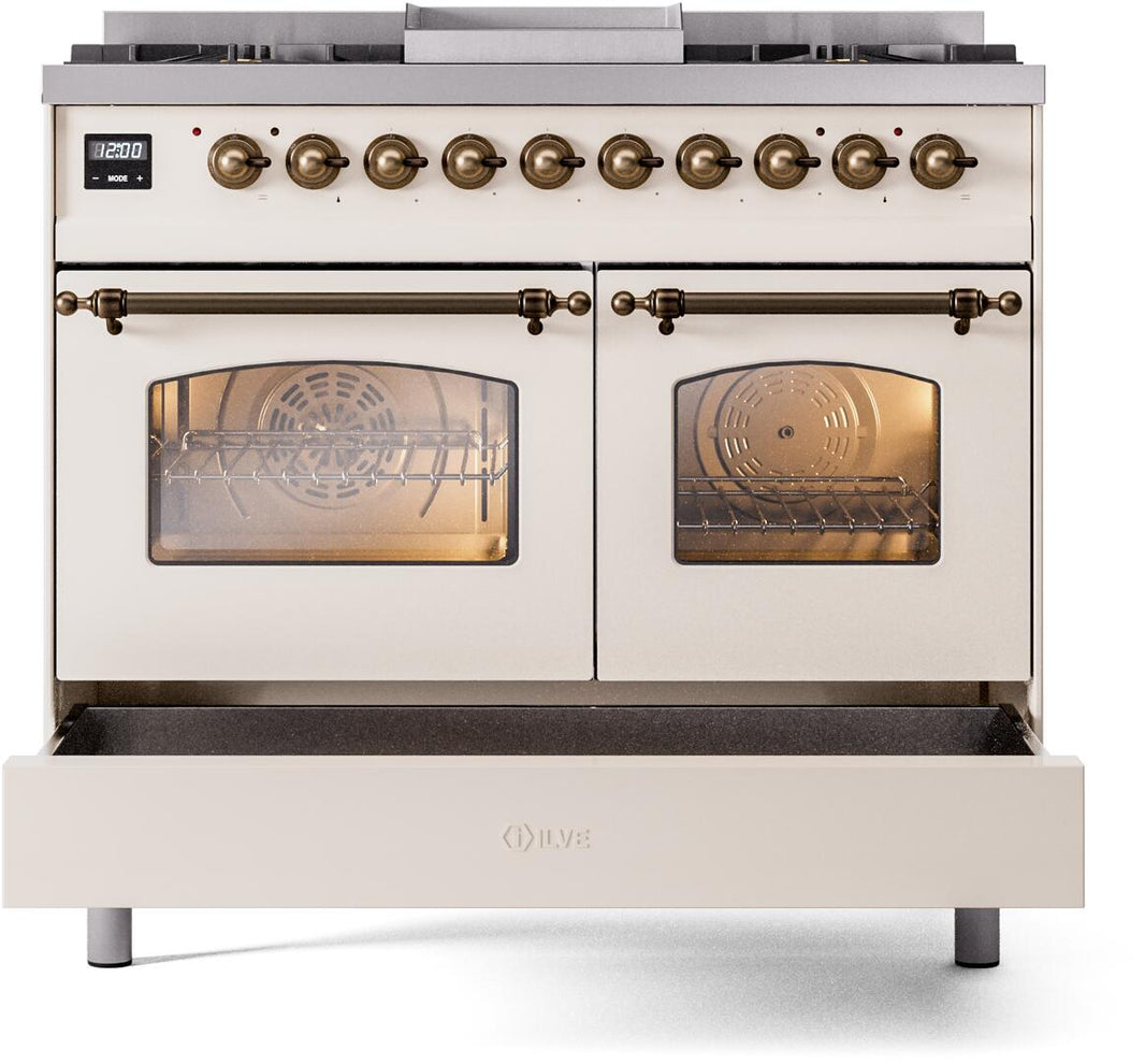 ILVE Nostalgie II 40-Inch Dual Fuel Freestanding Range in Antique White with Bronze Trim (UPD40FNMPAWB)