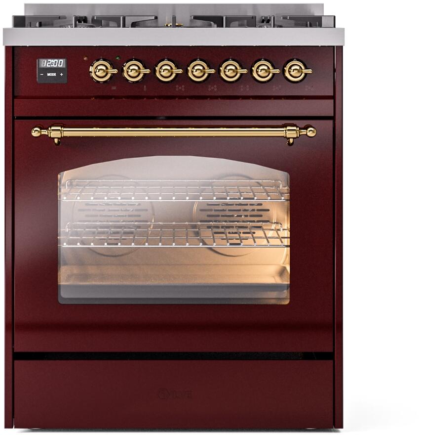 ILVE Nostalgie II 30-Inch Dual Fuel Freestanding Range in Burgundy with Brass Trim (UP30NMPBUG)