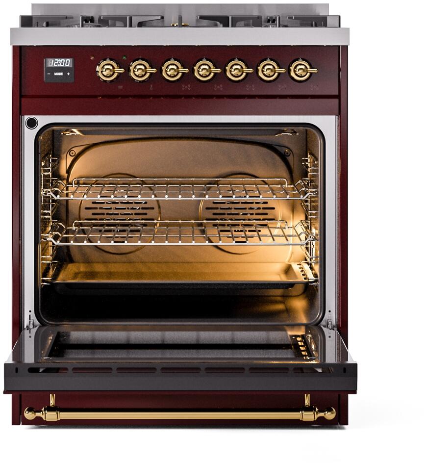 ILVE Nostalgie II 30-Inch Dual Fuel Freestanding Range in Burgundy with Brass Trim (UP30NMPBUG)