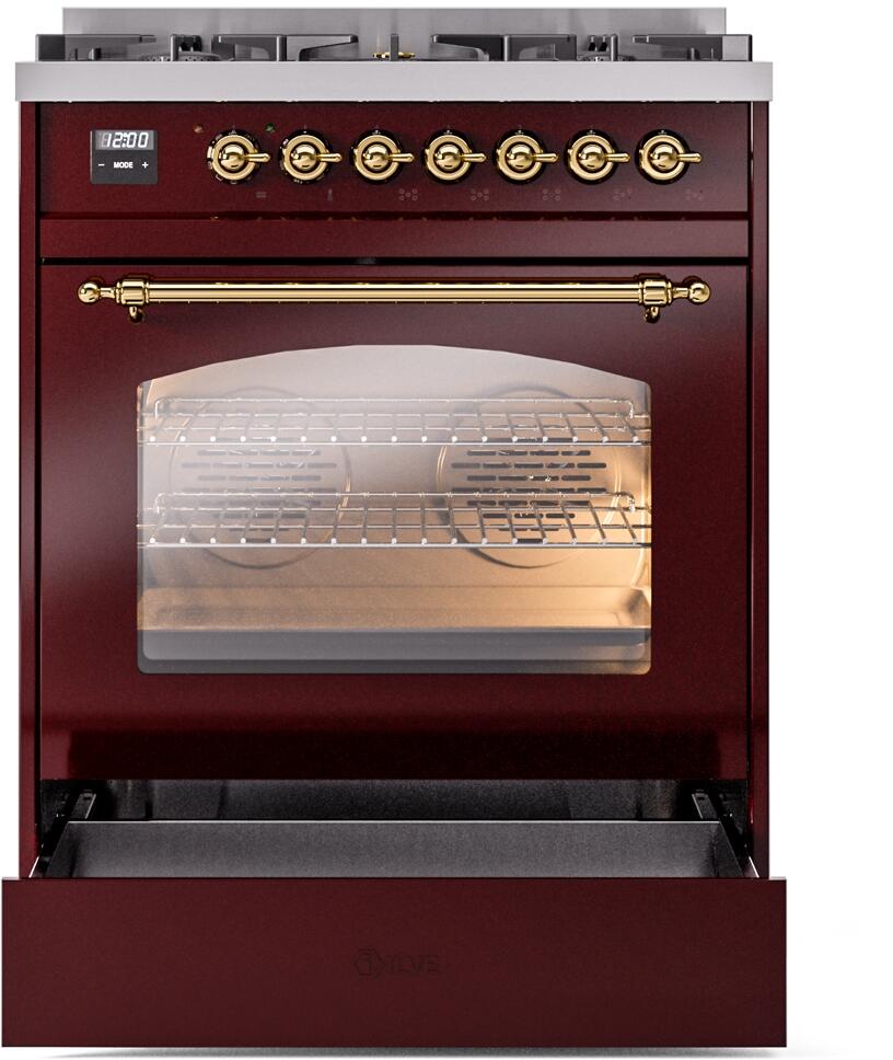 ILVE Nostalgie II 30-Inch Dual Fuel Freestanding Range in Burgundy with Brass Trim (UP30NMPBUG)