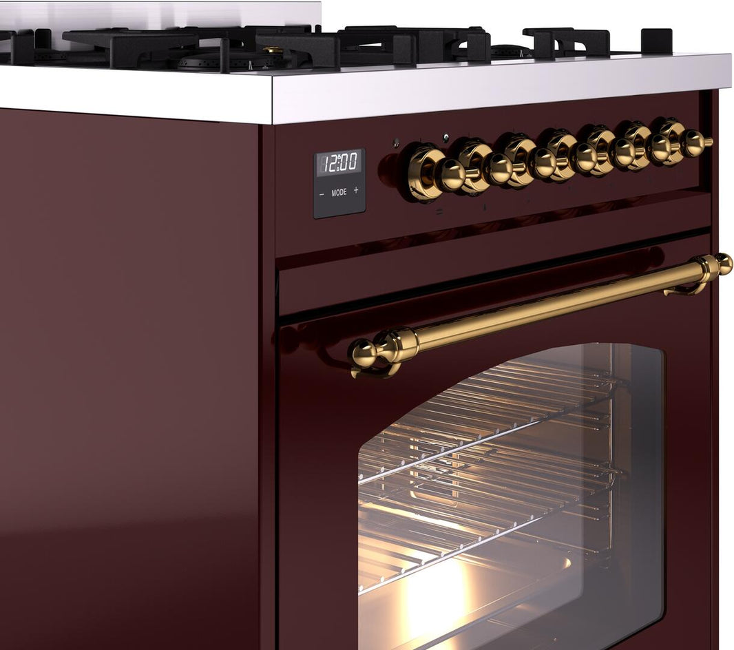 ILVE Nostalgie II 30-Inch Dual Fuel Freestanding Range in Burgundy with Brass Trim (UP30NMPBUG)