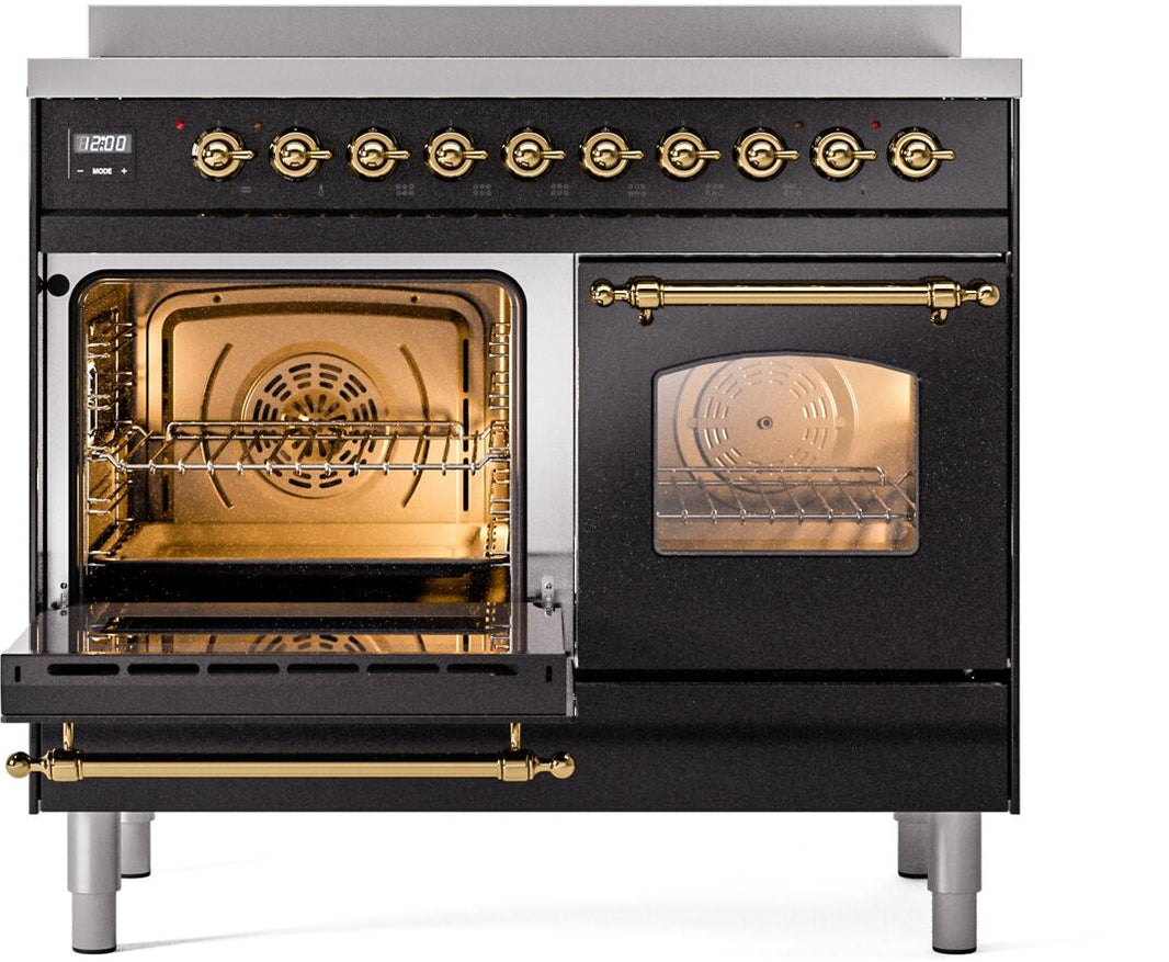 ILVE Nostalgie II 40-Inch Freestanding Electric Induction Range in Glossy Black with Brass Trim (UPDI406NMPBKG)