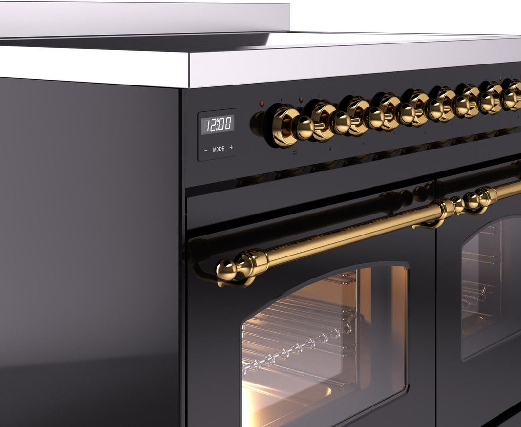 ILVE Nostalgie II 40-Inch Freestanding Electric Induction Range in Glossy Black with Brass Trim (UPDI406NMPBKG)