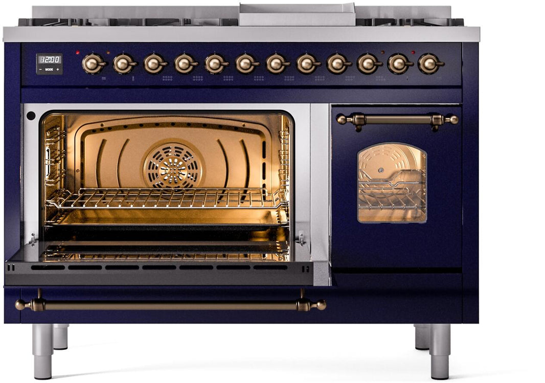 ILVE Nostalgie II 48-Inch Dual Fuel Freestanding Range in Midnight Blue with Bronze Trim (UP48FNMPMBB)