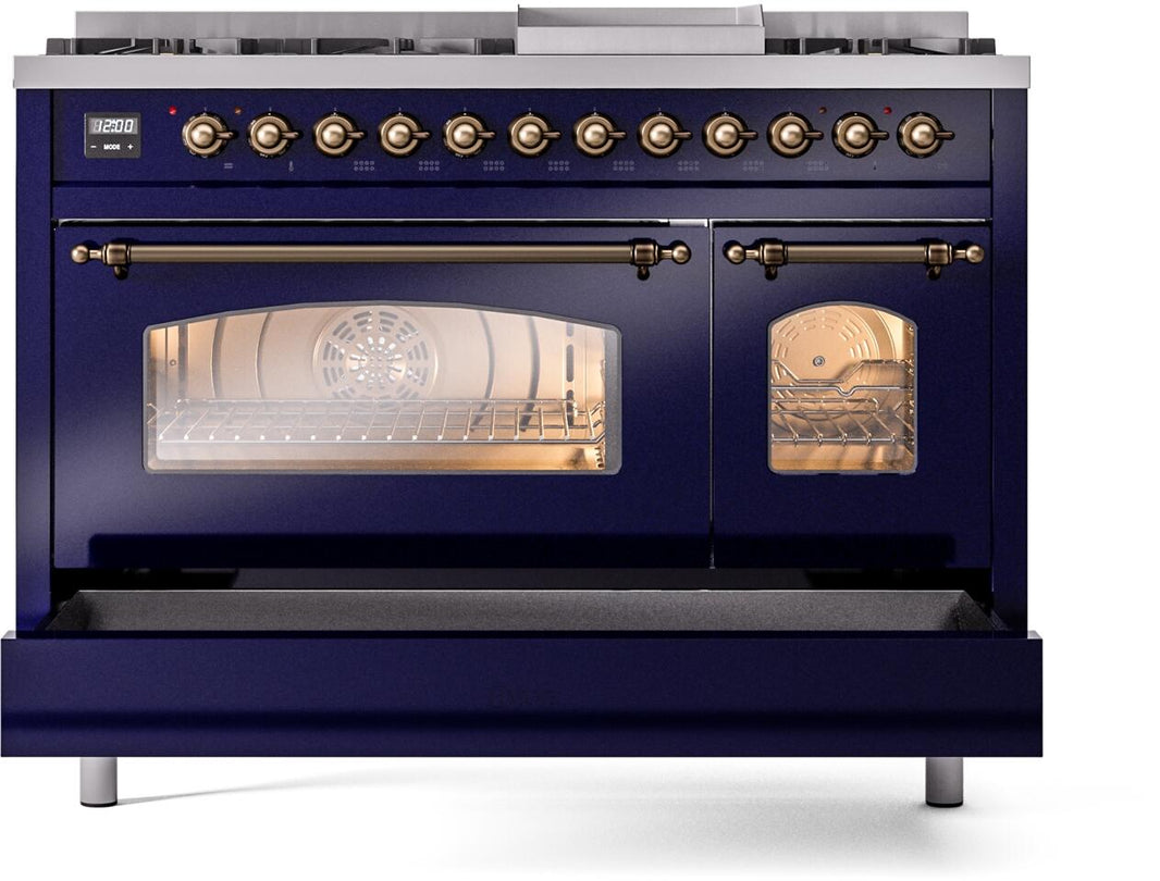 ILVE Nostalgie II 48-Inch Dual Fuel Freestanding Range in Midnight Blue with Bronze Trim (UP48FNMPMBB)