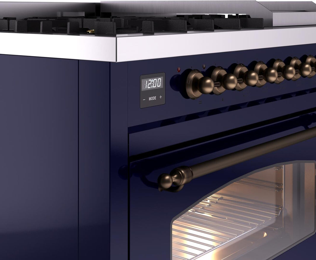 ILVE Nostalgie II 48-Inch Dual Fuel Freestanding Range in Midnight Blue with Bronze Trim (UP48FNMPMBB)