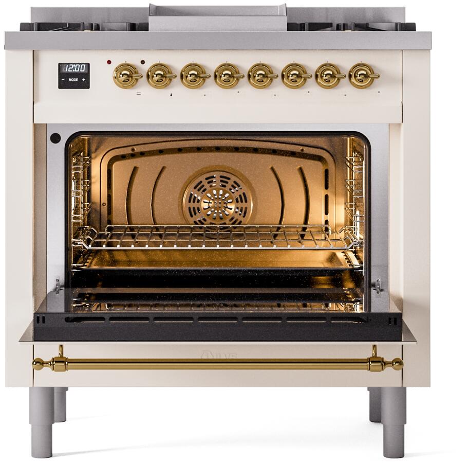 ILVE Nostalgie II 36-Inch Dual Fuel Freestanding Range in Antique White with Brass Trim (UP36FNMPAWG)