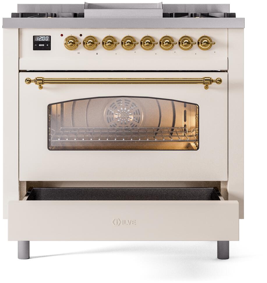 ILVE Nostalgie II 36-Inch Dual Fuel Freestanding Range in Antique White with Brass Trim (UP36FNMPAWG)