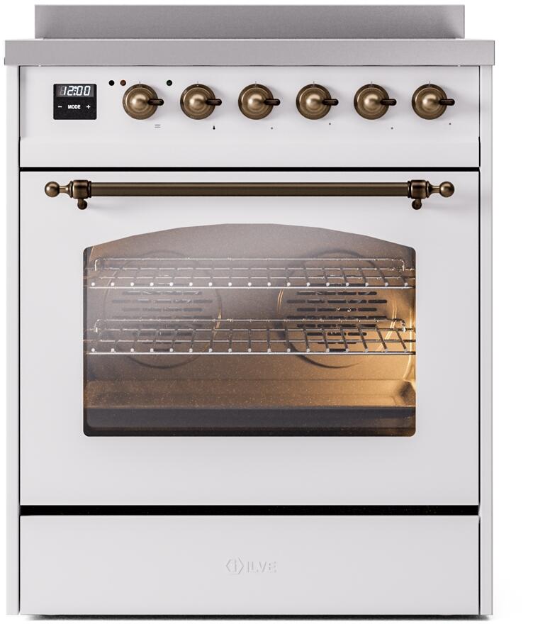 ILVE Nostalgie II 30-Inch Freestanding Electric Induction Range in White with Bronze Trim (UPI304NMPWHB)