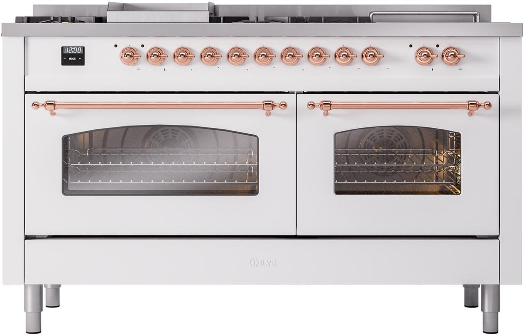 ILVE Nostalgie II 60-Inch Dual Fuel Freestanding Range in White with Copper Trim (UP60FSNMPWHP)