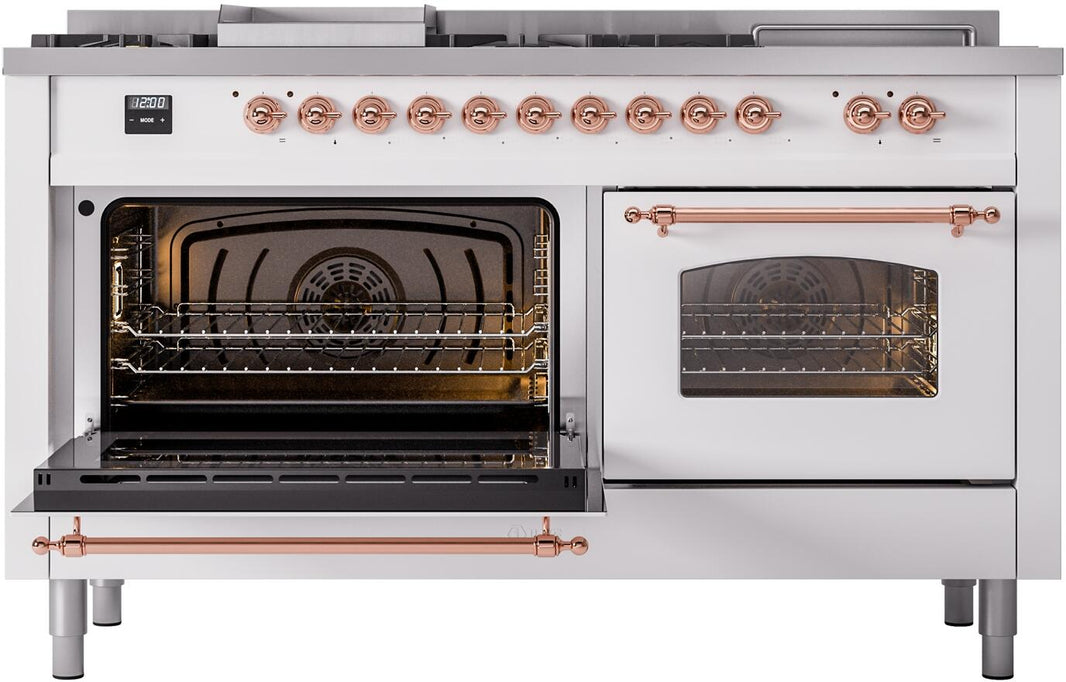 ILVE Nostalgie II 60-Inch Dual Fuel Freestanding Range in White with Copper Trim (UP60FSNMPWHP)