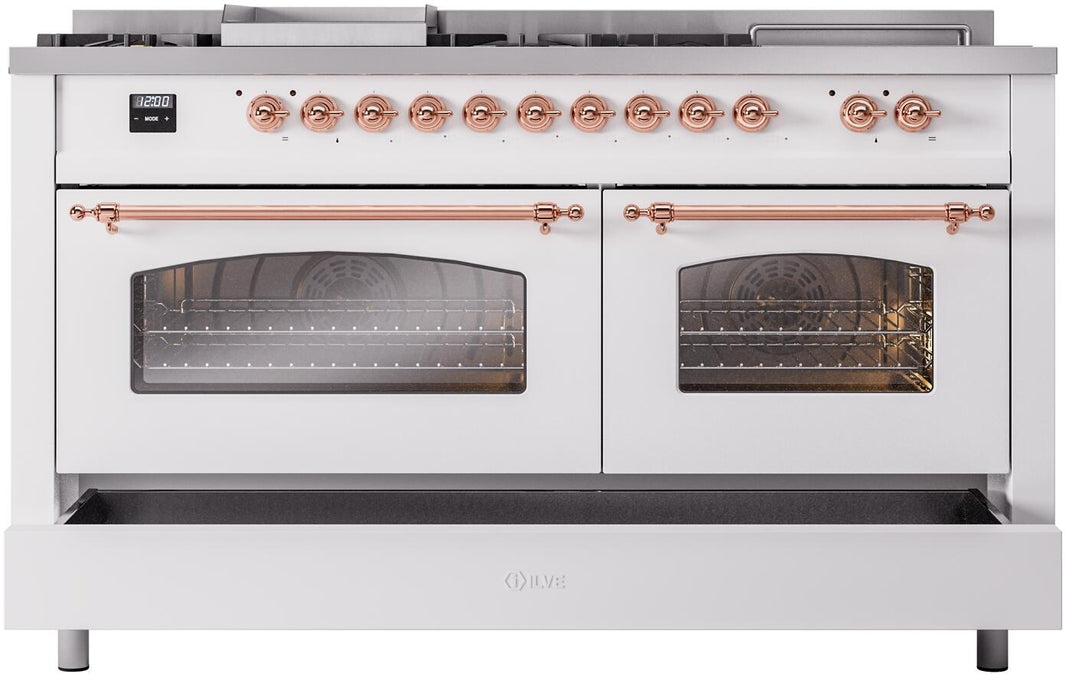 ILVE Nostalgie II 60-Inch Dual Fuel Freestanding Range in White with Copper Trim (UP60FSNMPWHP)