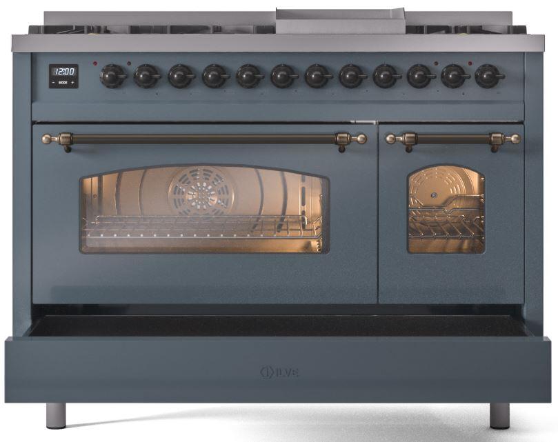 ILVE Nostalgie II 48-Inch Dual Fuel Freestanding Range in Blue Grey with Bronze Trim (UP48FNMPBGB)