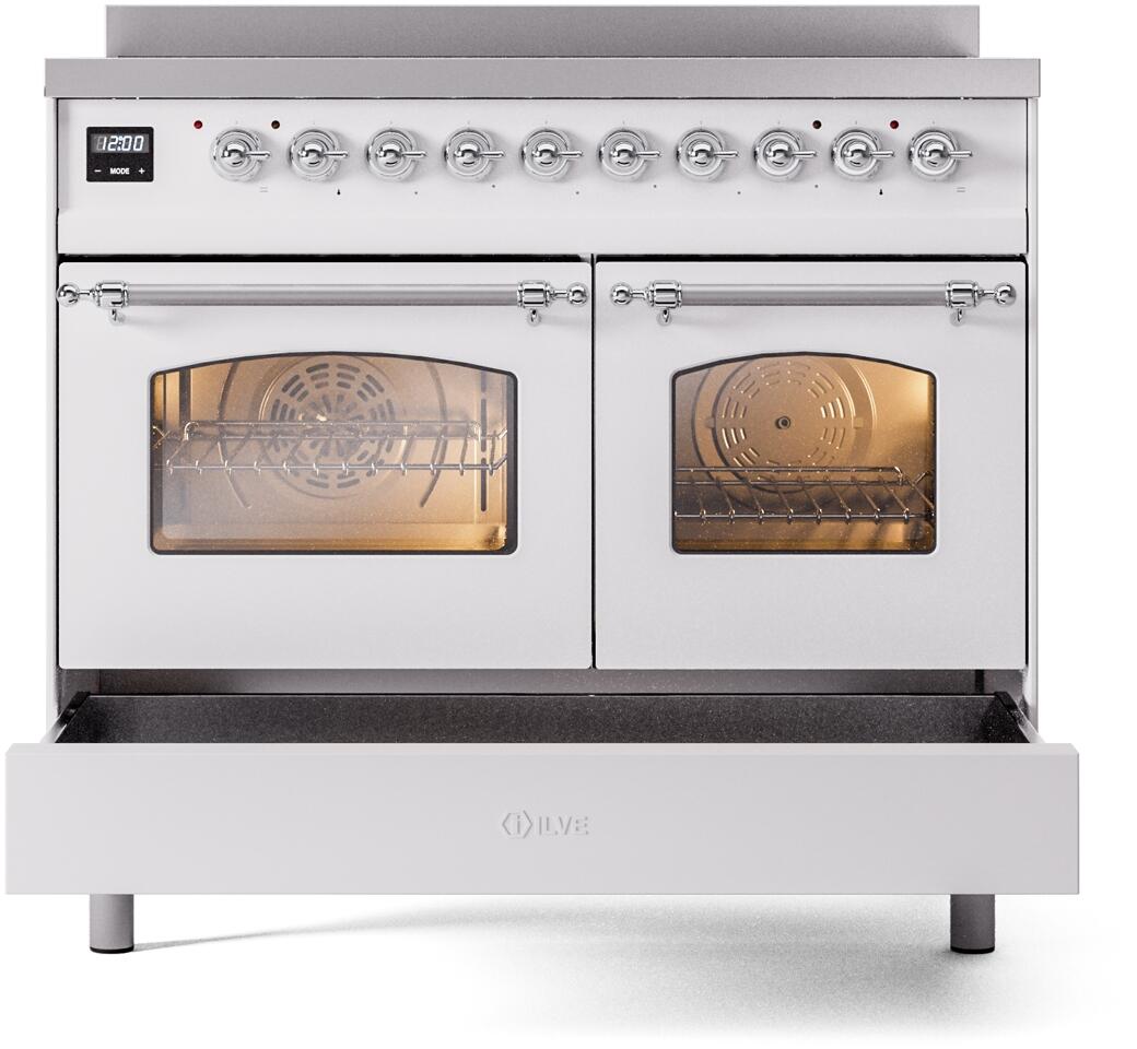 ILVE Nostalgie II 40-Inch Freestanding Electric Induction Range in White with Chrome Trim (UPDI406NMPWHC)