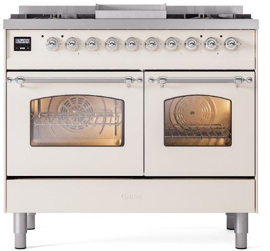 ILVE Nostalgie II 40-Inch Dual Fuel Freestanding Range in Antique White with Chrome Trim (UPD40FNMPAWC)