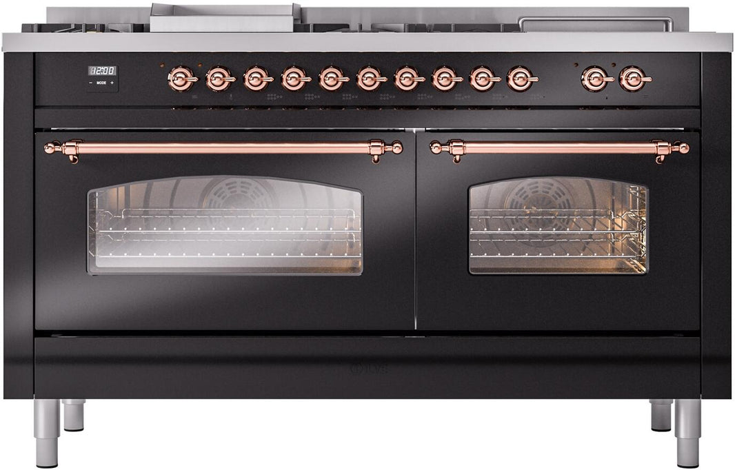 ILVE Nostalgie II 60-Inch Dual Fuel Freestanding Range in Glossy Black with Copper Trim (UP60FSNMPBKP)