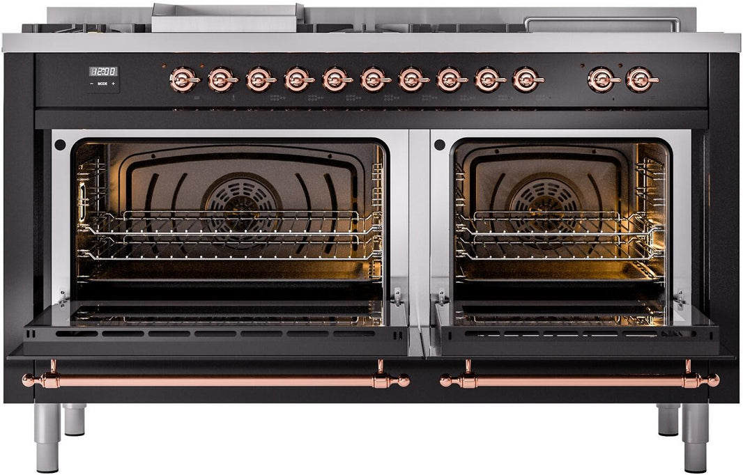 ILVE Nostalgie II 60-Inch Dual Fuel Freestanding Range in Glossy Black with Copper Trim (UP60FSNMPBKP)