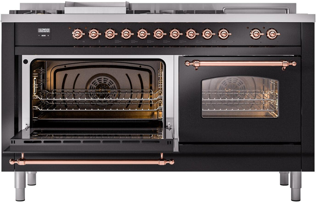 ILVE Nostalgie II 60-Inch Dual Fuel Freestanding Range in Glossy Black with Copper Trim (UP60FSNMPBKP)