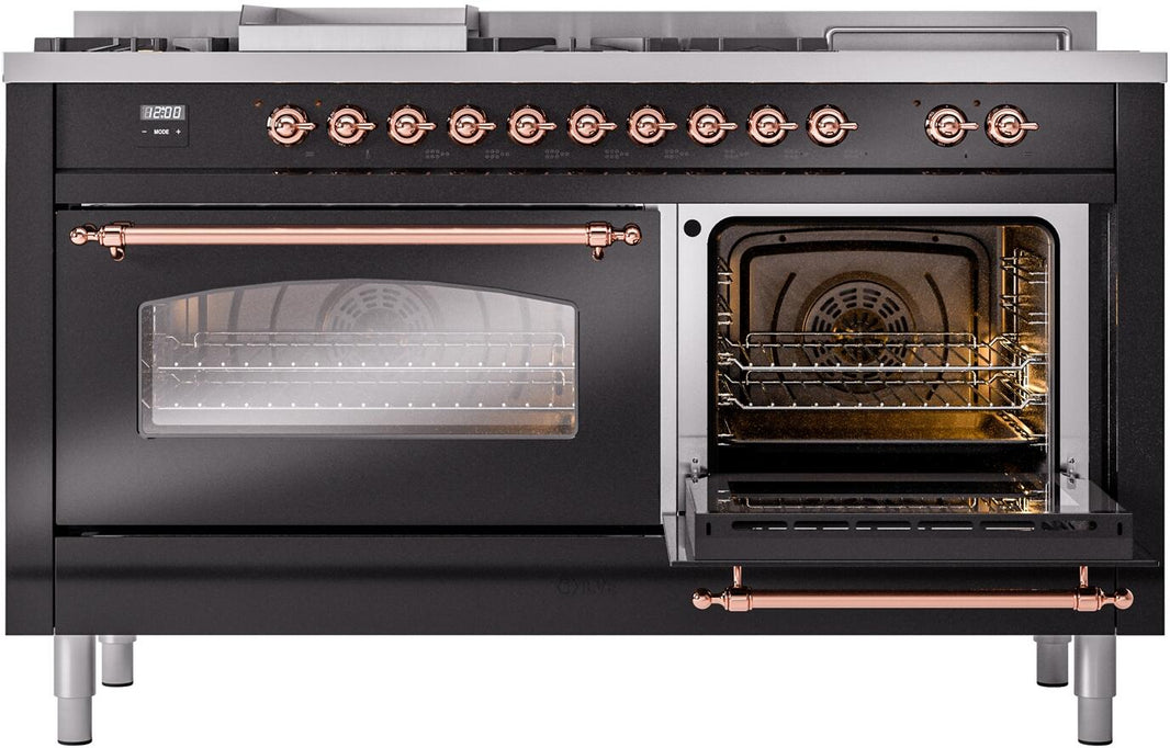 ILVE Nostalgie II 60-Inch Dual Fuel Freestanding Range in Glossy Black with Copper Trim (UP60FSNMPBKP)