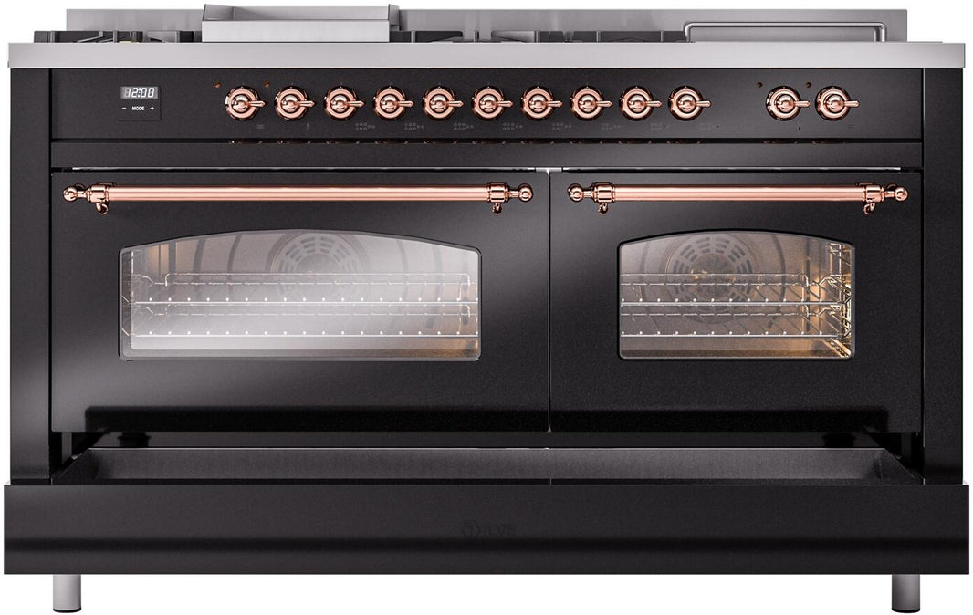 ILVE Nostalgie II 60-Inch Dual Fuel Freestanding Range in Glossy Black with Copper Trim (UP60FSNMPBKP)