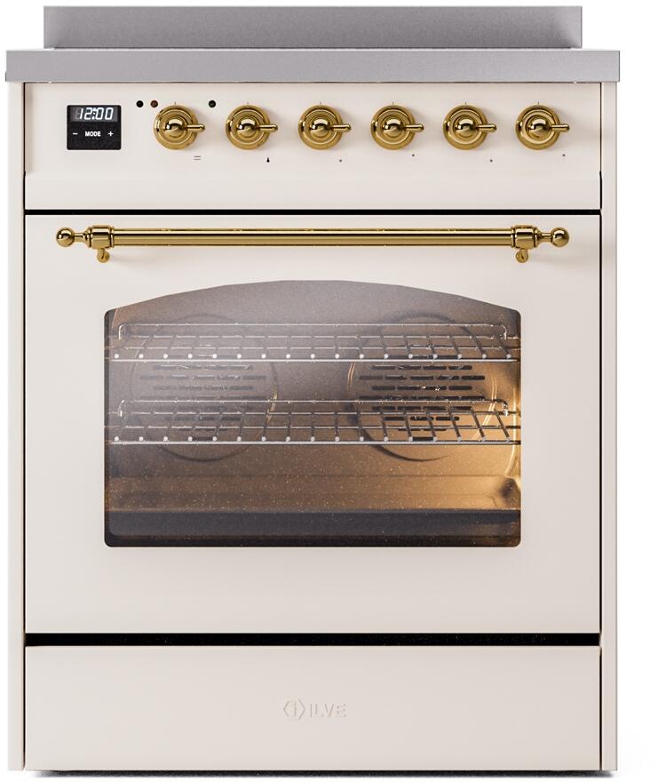 ILVE Nostalgie II 30-Inch Freestanding Electric Induction Range in Antique White with Brass Trim (UPI304NMPAWG)