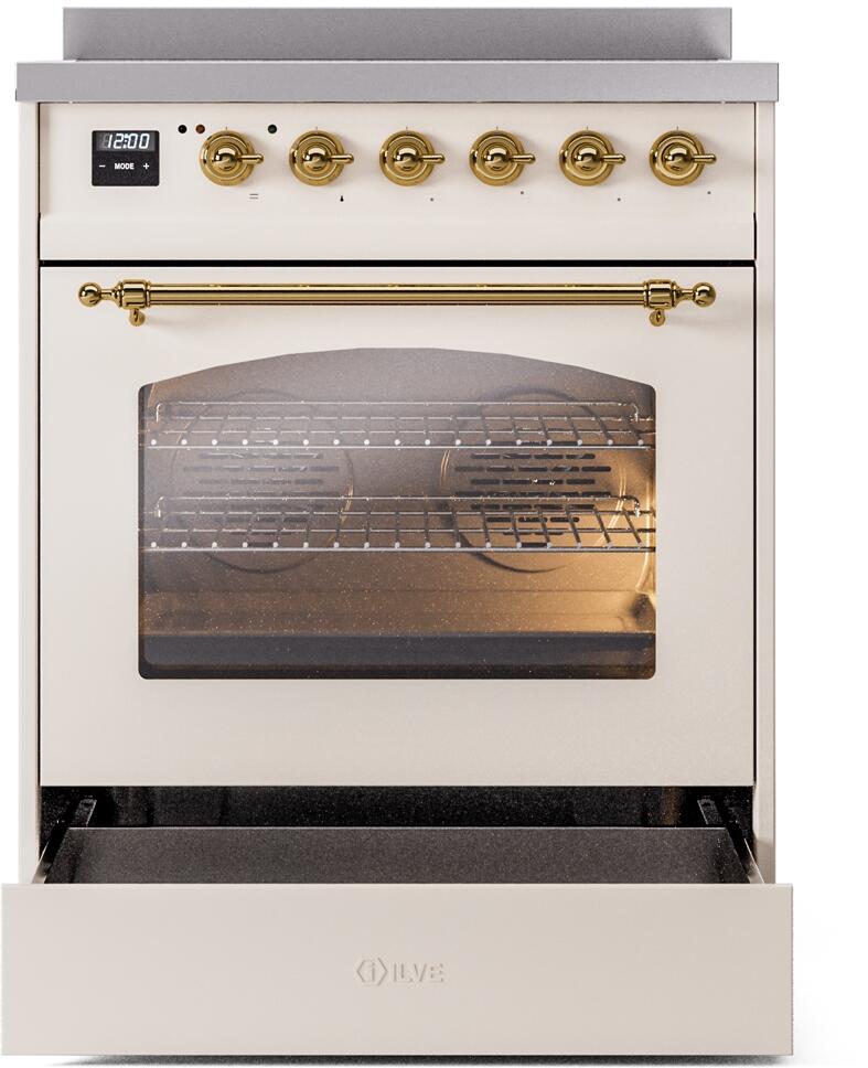 ILVE Nostalgie II 30-Inch Freestanding Electric Induction Range in Antique White with Brass Trim (UPI304NMPAWG)