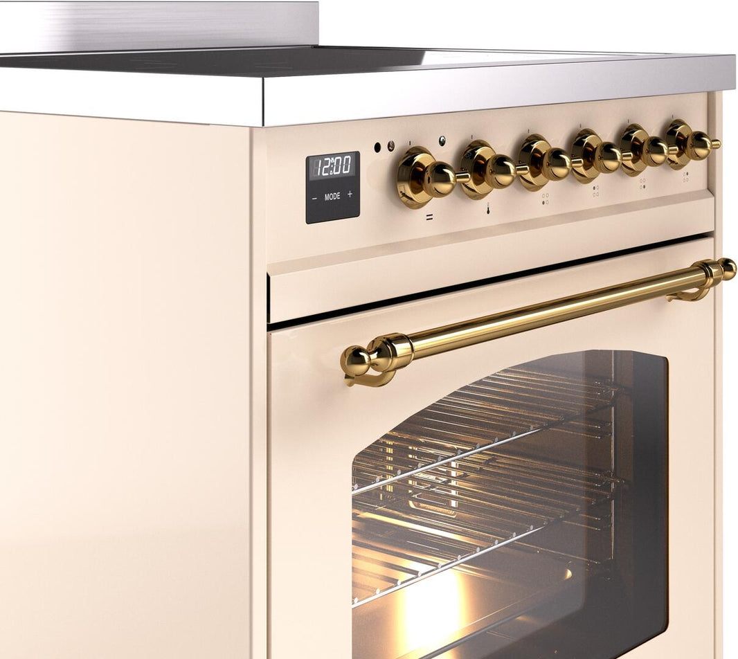 ILVE Nostalgie II 30-Inch Freestanding Electric Induction Range in Antique White with Brass Trim (UPI304NMPAWG)