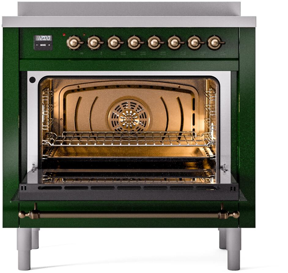 ILVE Nostalgie II 36-Inch Freestanding Electric Induction Range in Emerald Green with Bronze Trim (UPI366NMPEGB)