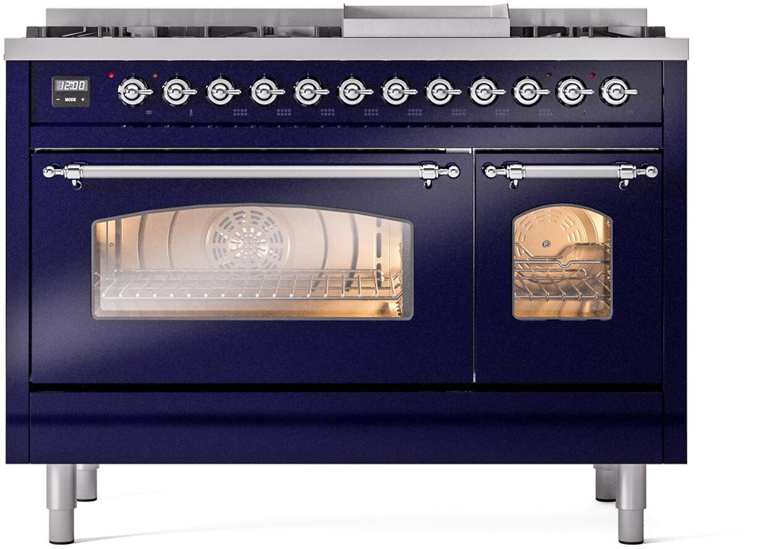 ILVE Nostalgie II 48-Inch Dual Fuel Freestanding Range in Midnight Blue with Chrome Trim (UP48FNMPMBC)