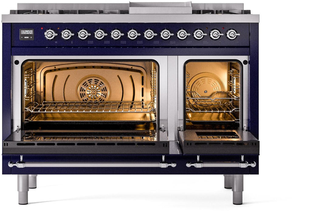 ILVE Nostalgie II 48-Inch Dual Fuel Freestanding Range in Midnight Blue with Chrome Trim (UP48FNMPMBC)